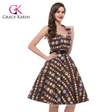 Grace Karin Atacado algodão halter manga curto joelho comprimento retro 1950 vestido vintage CL6292-7 #